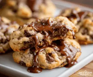Delicious gooey chocolate chip cookies fresh out of the oven, showcasing melted chocolate chips and a soft, chewy texture.