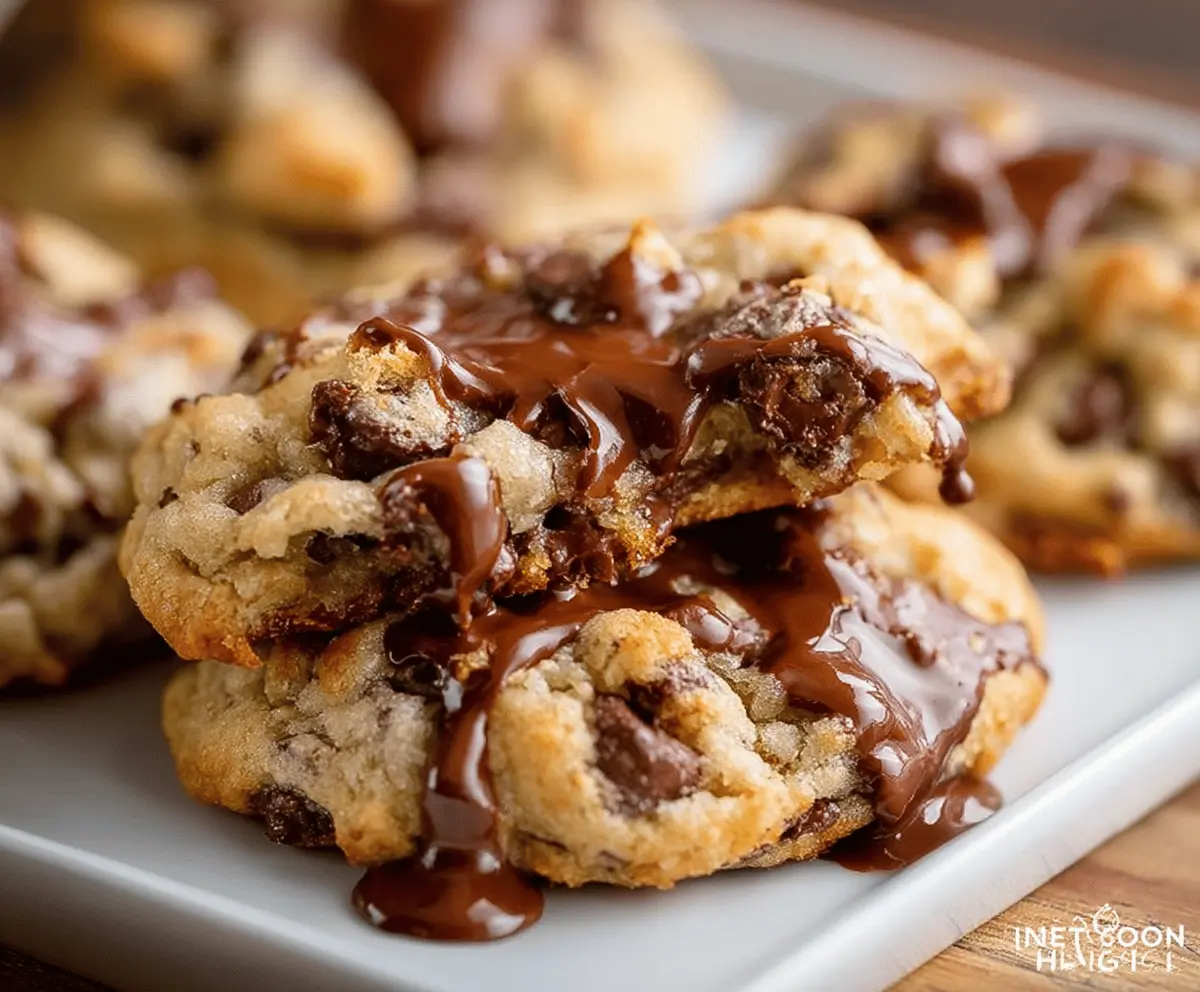 Delicious gooey chocolate chip cookies fresh out of the oven, showcasing melted chocolate chips and a soft, chewy texture.