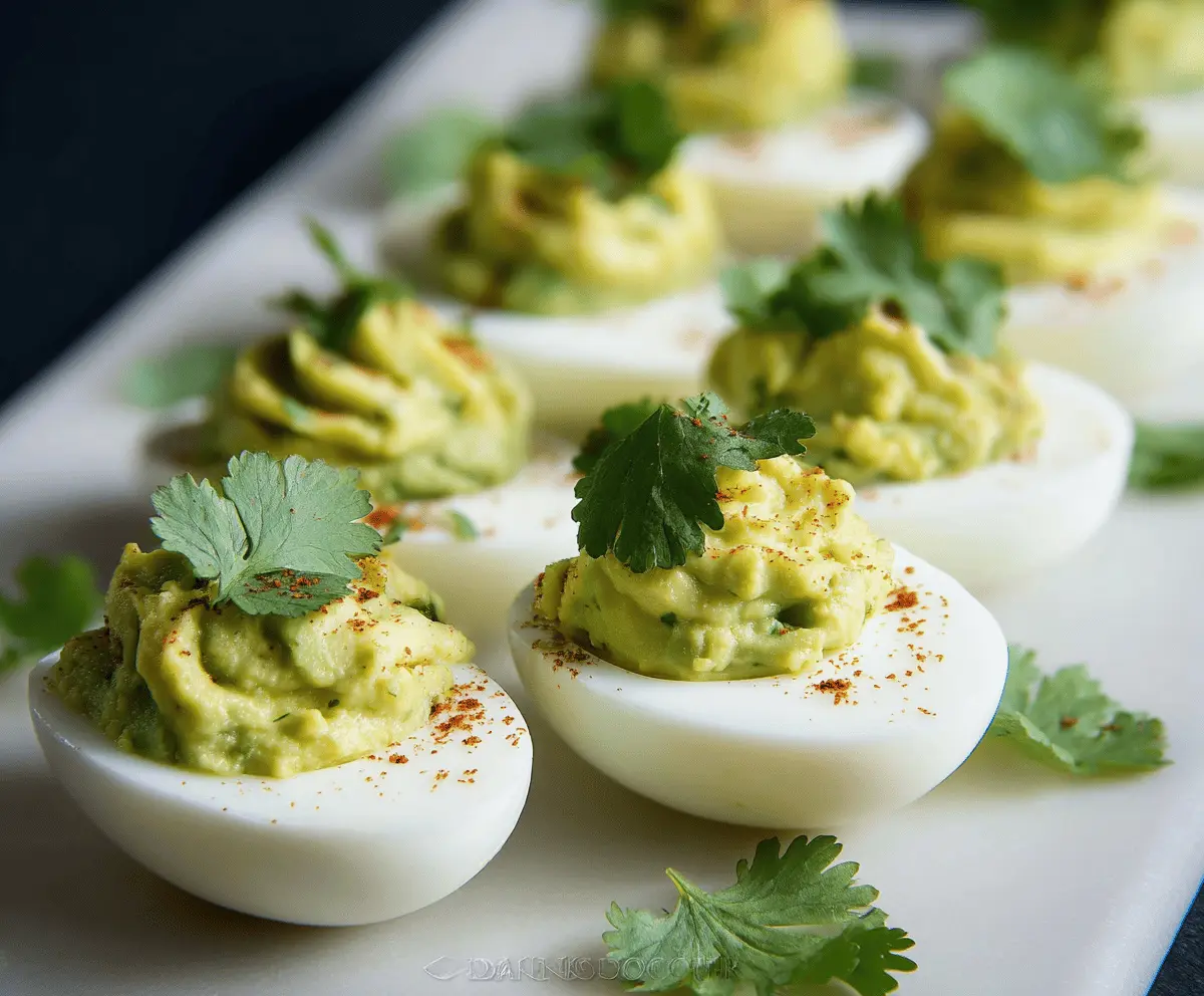 Creamy guacamole stuffed deviled eggs with fresh herbs on a serving plate
