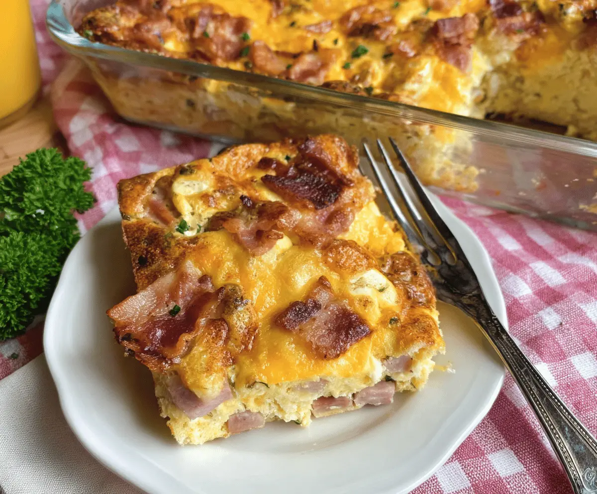 Delicious ham breakfast casserole topped with melted cheese and fresh herbs.