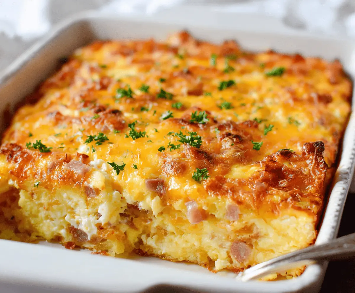 Delicious Hashbrown Egg Casserole with melted cheese and crispy hashbrowns served on a white plate.