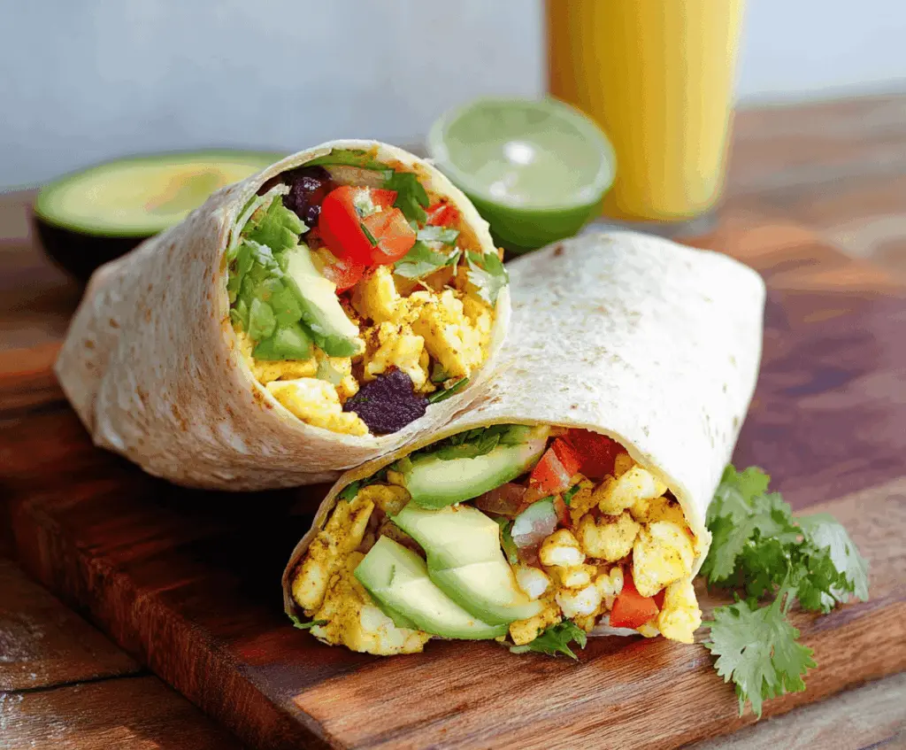 Healthy breakfast burrito filled with scrambled eggs, fresh vegetables, and melted cheese, perfect for a nutritious start to your day.