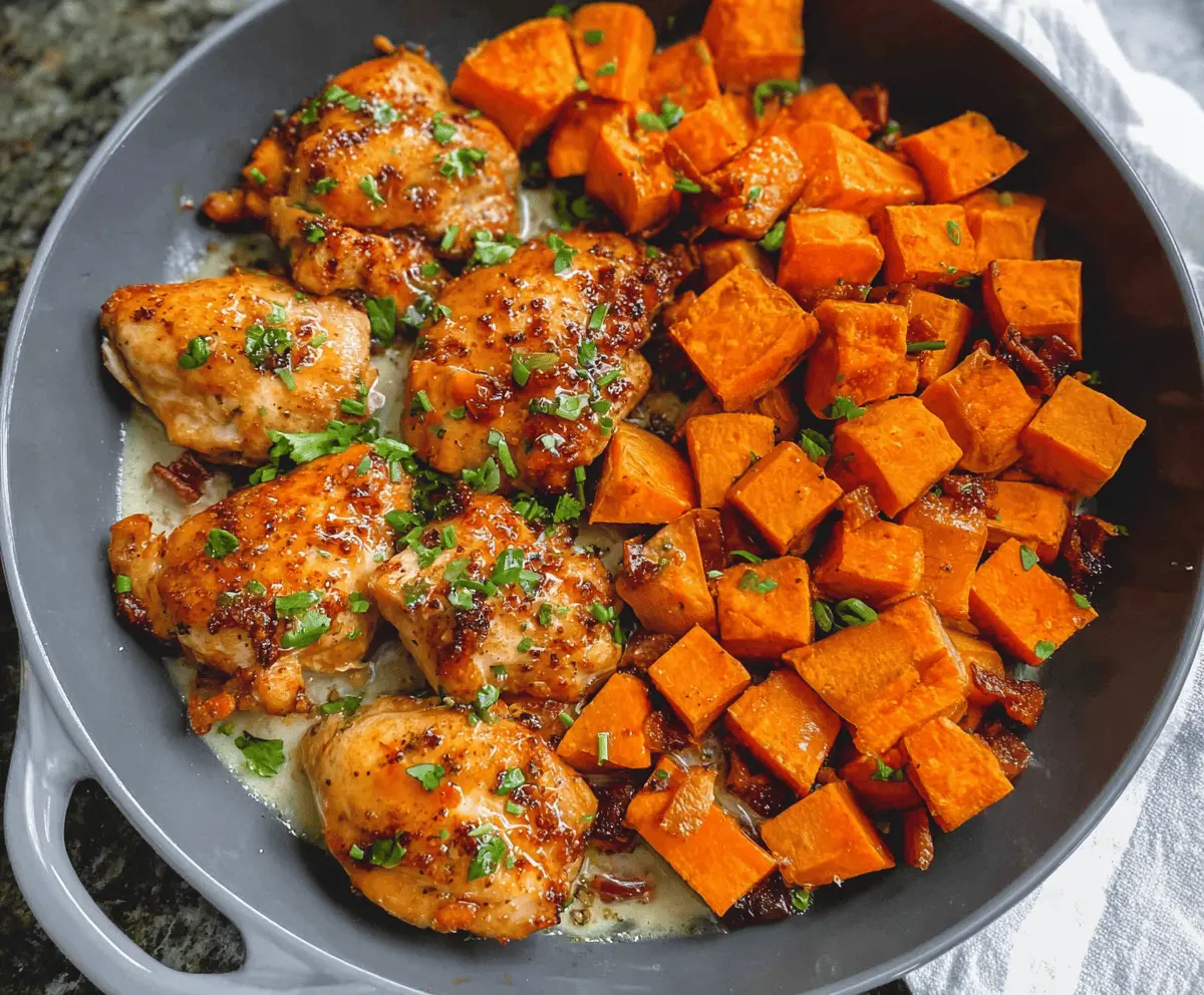 Delicious honey garlic chicken with roasted sweet potatoes on a plate.