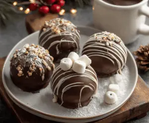 Delicious hot chocolate bombs filled with rich chocolate, ready to melt in a mug of hot milk.