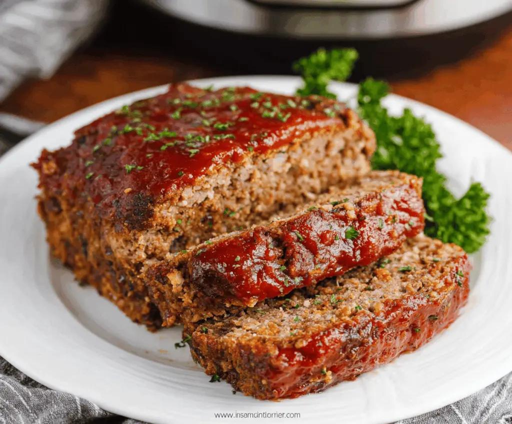 Delicious homemade Instant Pot meatloaf with a savory glaze served on a plate