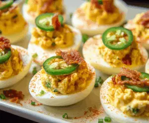 Delicious jalapeño popper deviled eggs garnished with chopped herbs, perfect for appetizers.