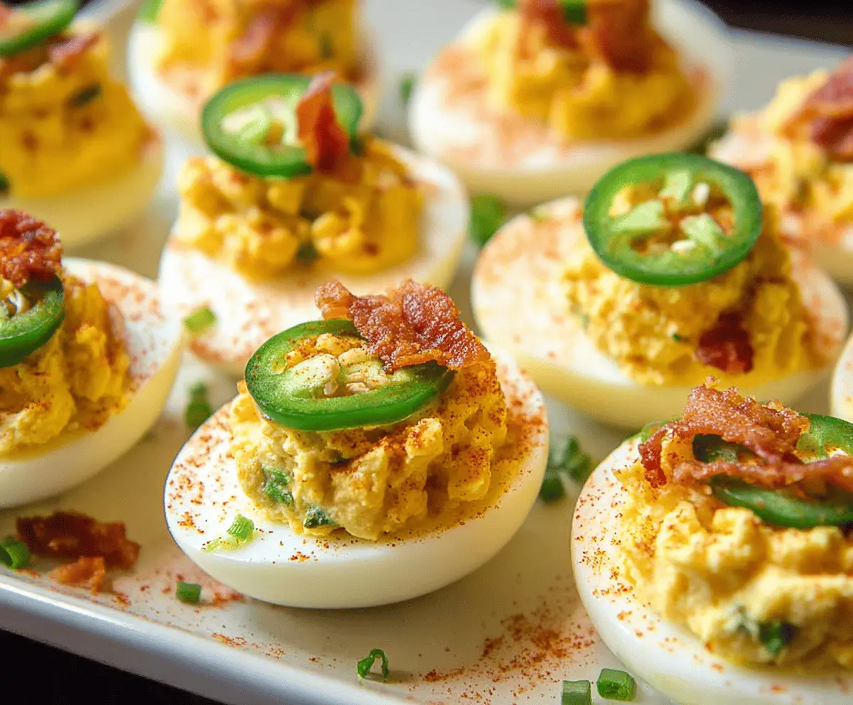Delicious jalapeño popper deviled eggs garnished with chopped herbs, perfect for appetizers.