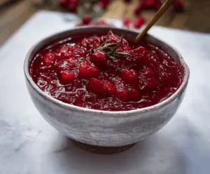 Delicious homemade Joanna Gaines cranberry sauce with fresh cranberries and a sprig of mint on a rustic wooden table.