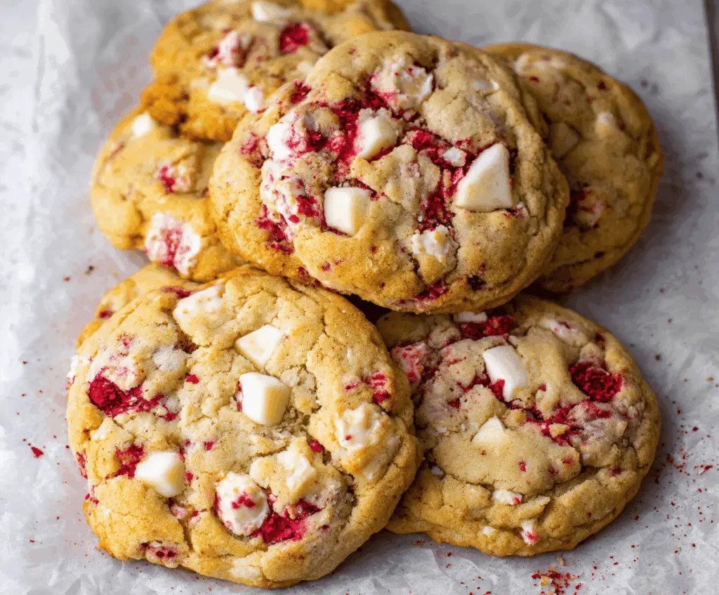 Close-up of Jumbo Raspberry White Chocolate Cookies showcasing their golden-brown edges and raspberry bits.