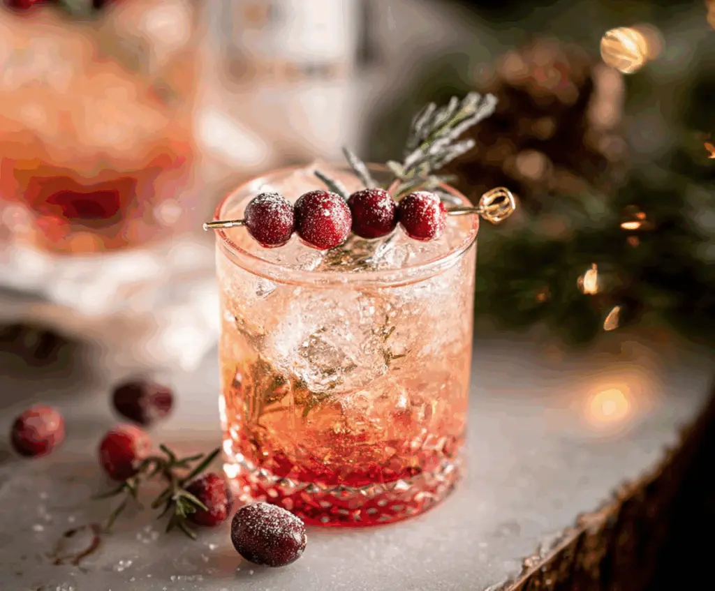 Festive Kris Kringle's Jingle Batch Cocktail with holiday garnishes in a clear glass.