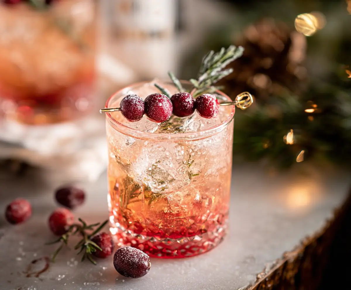 Festive Kris Kringle's Jingle Batch Cocktail with holiday garnishes in a clear glass.