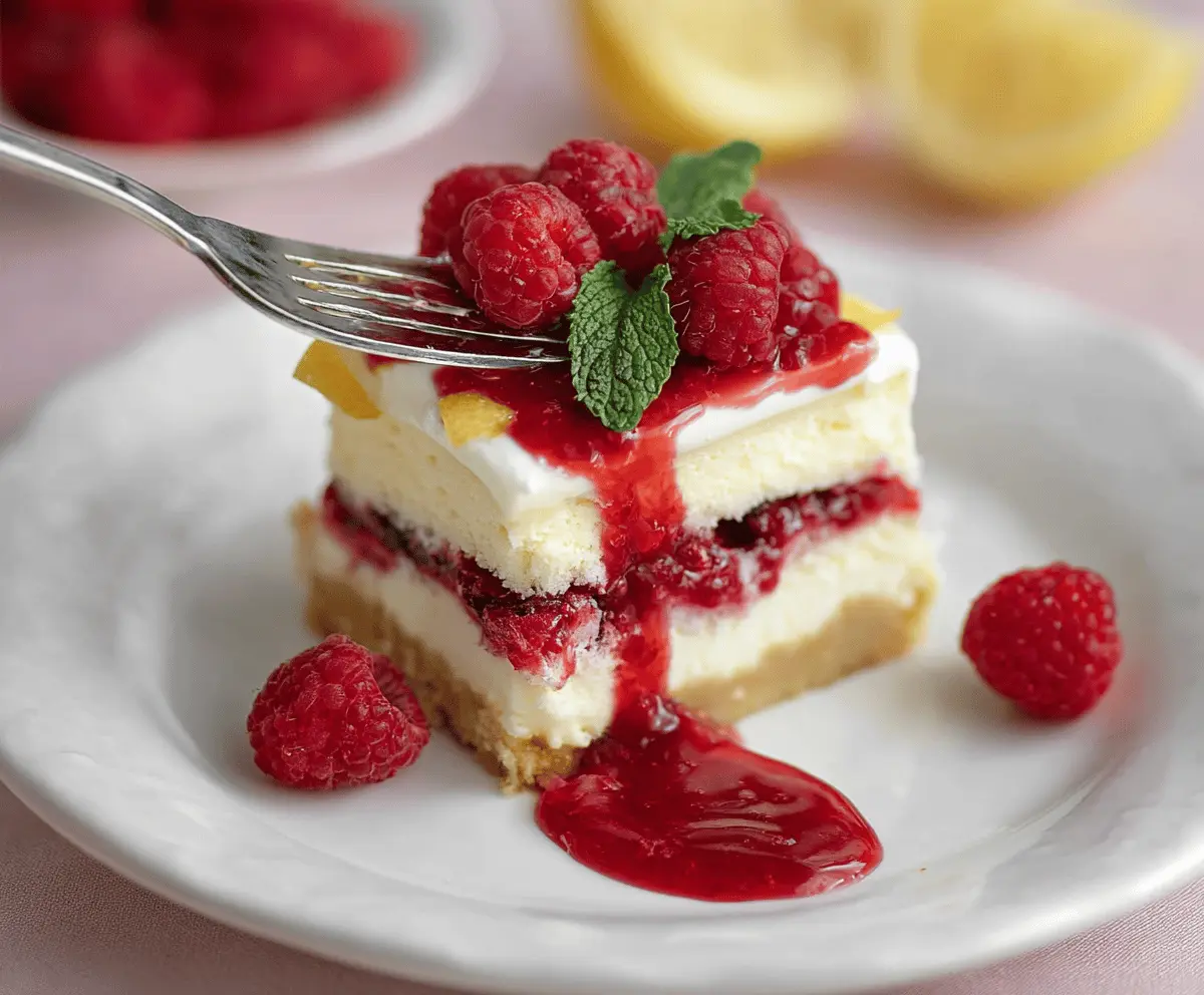 Delicious Lemon Raspberry Cheesecake with a creamy texture and fresh fruit topping.