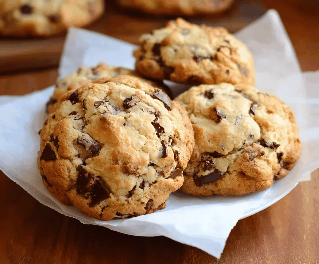 Delicious Levain Bakery chocolate chip cookies fresh out of the oven, showcasing gooey chocolate chunks and golden-brown crust.