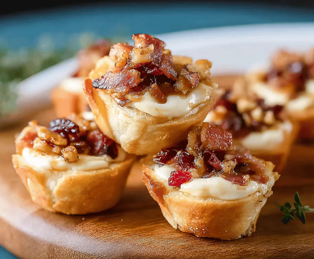 Delicious Maple Bacon Brie Bites on a white plate, garnished with fresh herbs