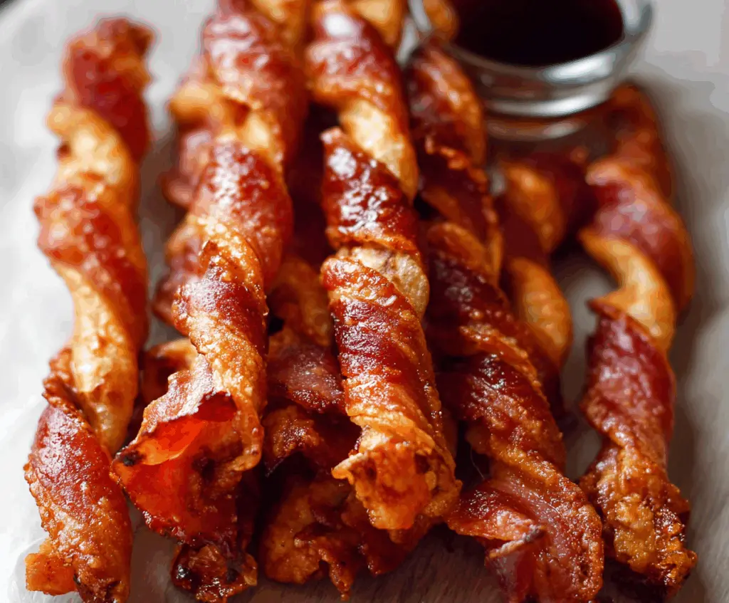 Delicious Maple Bacon Twists on a plate with crispy bacon and sweet maple glaze