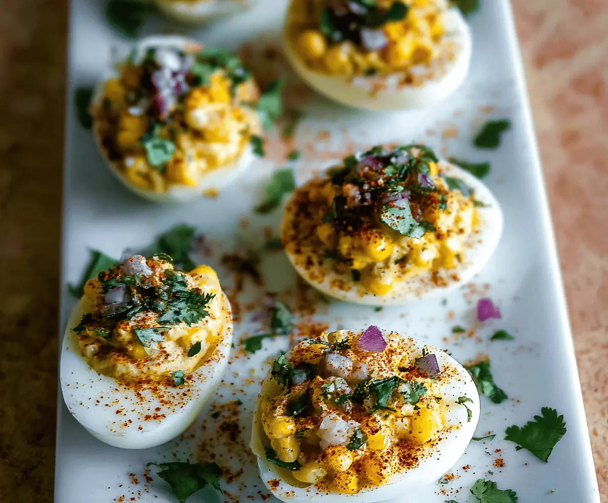 Delicious Mexican Street Corn Deviled Eggs garnished with chopped cilantro and lime zest.