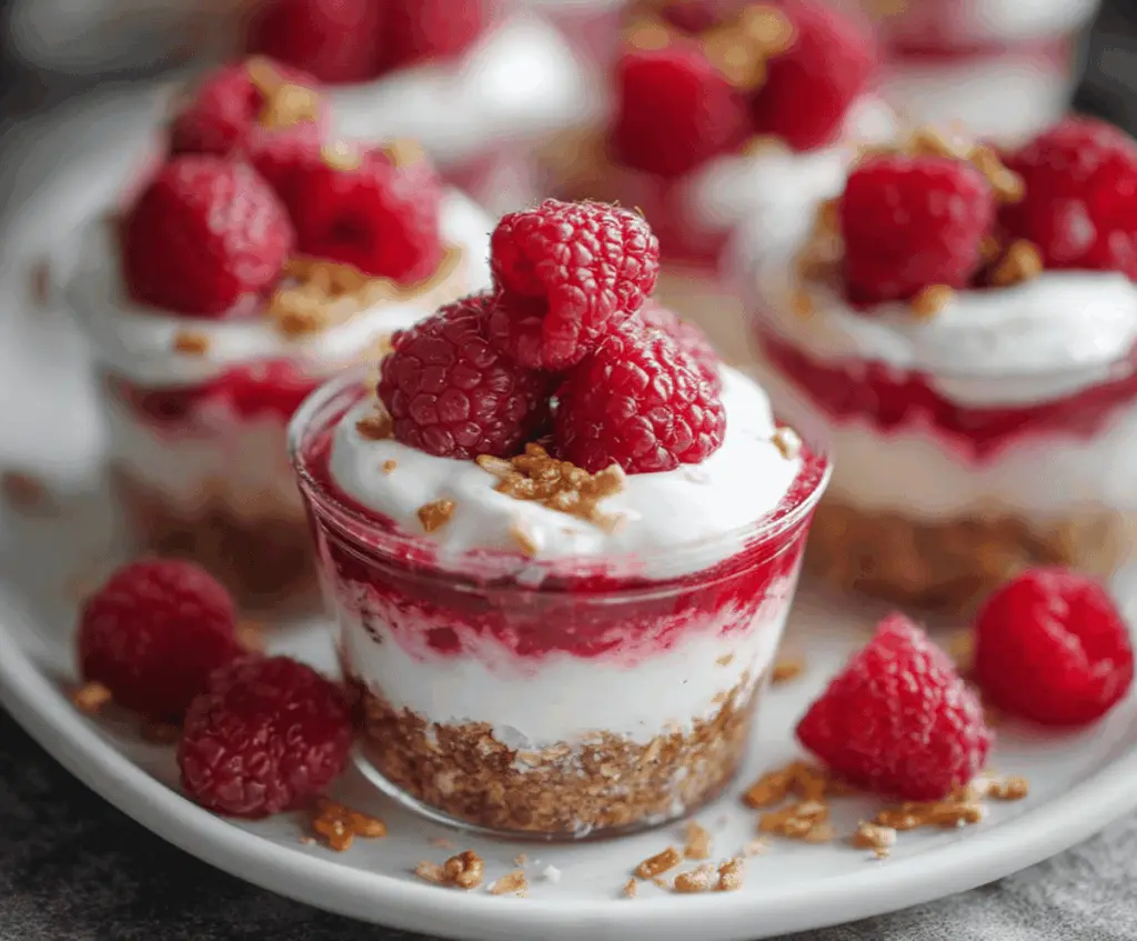Delicious No-Bake Raspberry Pretzel Cups with fresh raspberries and crispy pretzels in a white bowl.