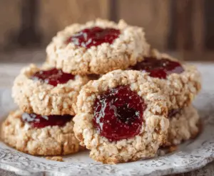 Delicious oatmeal raspberry jam thumbprint cookies on a plate showing their golden-brown crust and raspberry filling.