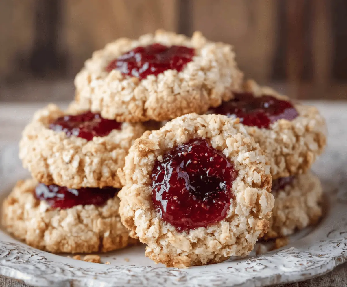 Delicious oatmeal raspberry jam thumbprint cookies on a plate showing their golden-brown crust and raspberry filling.