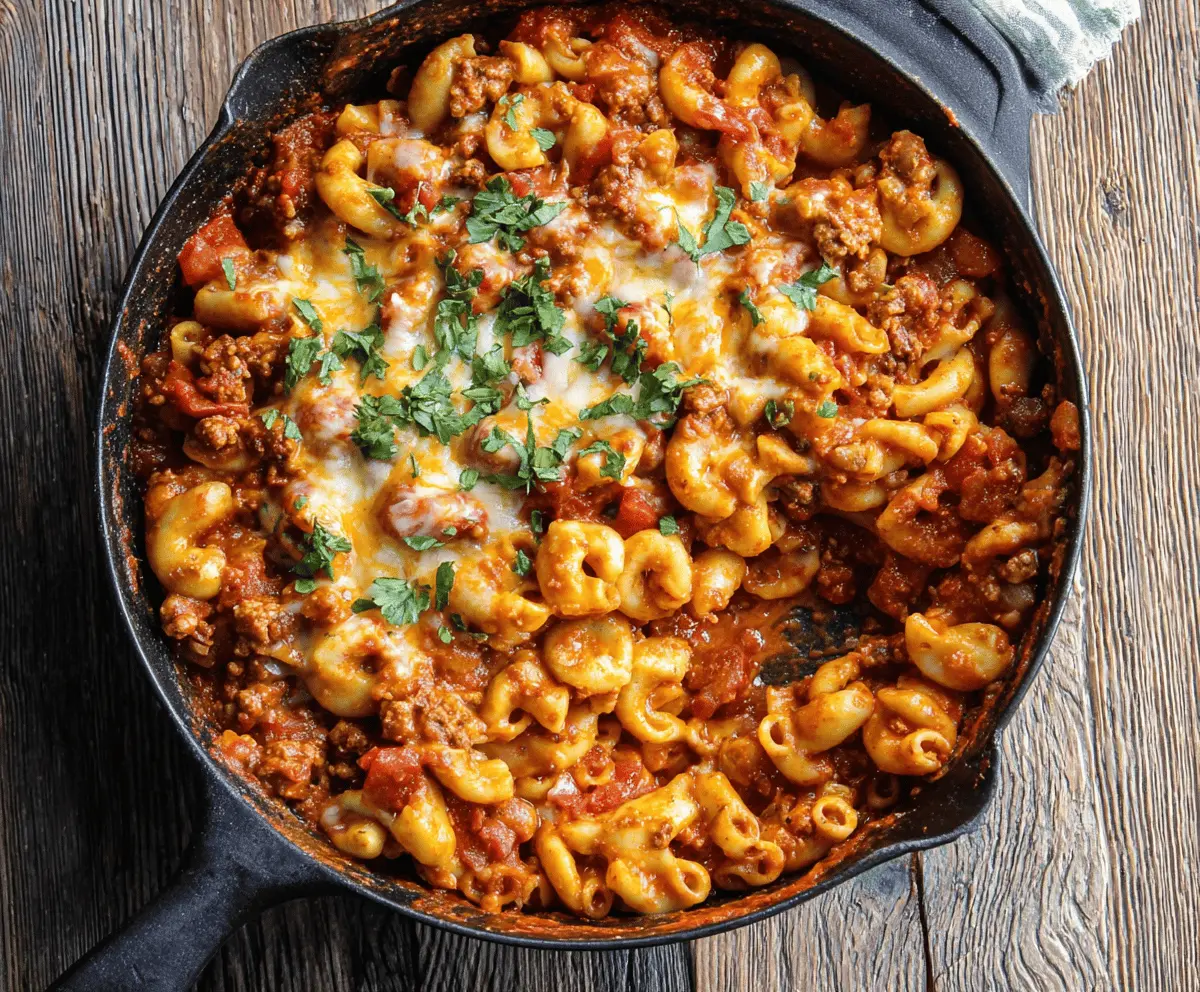 Delicious one pot chili mac and cheese served steaming hot in a bowl, showcasing melted cheese, chili toppings, and pasta.