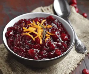 Bright orange Amaretto Cranberry Sauce served in a bowl, perfect for holiday tables.