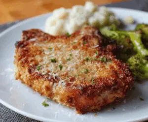 Golden Parmesan crusted pork chops served with fresh herbs and roasted vegetables.