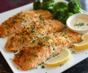 Baked Parmesan Crusted Salmon with golden crust and fresh herbs on a white plate.
