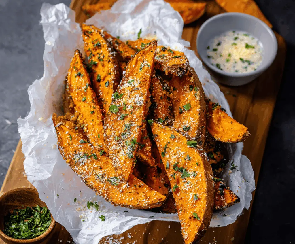 Delicious Parmesan garlic sweet potato wedges baked to perfection, crispy on the outside and tender on the inside.