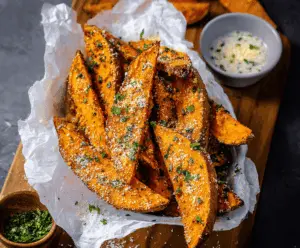 Delicious Parmesan garlic sweet potato wedges baked to perfection, crispy on the outside and tender on the inside.