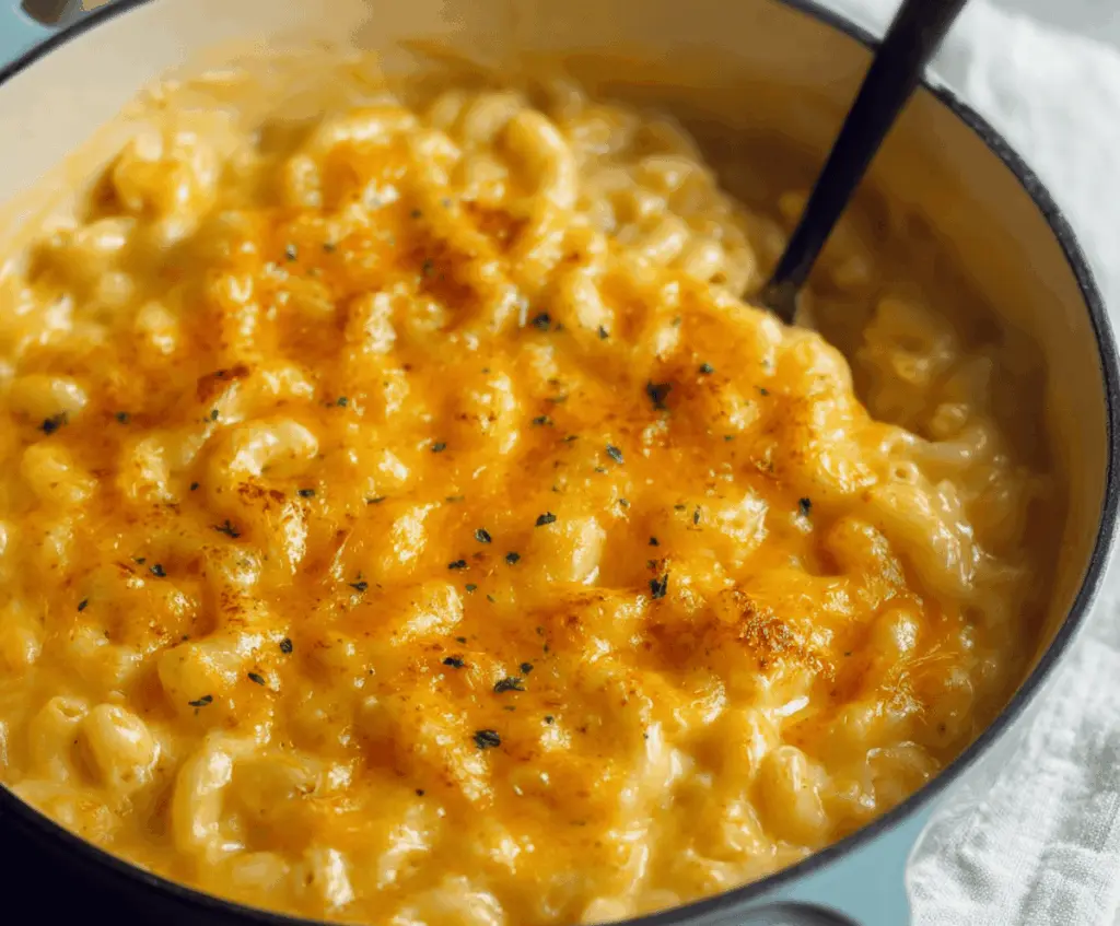 Creamy Paula Deen's Mac and Cheese in a rustic baking dish, topped with golden melted cheese.