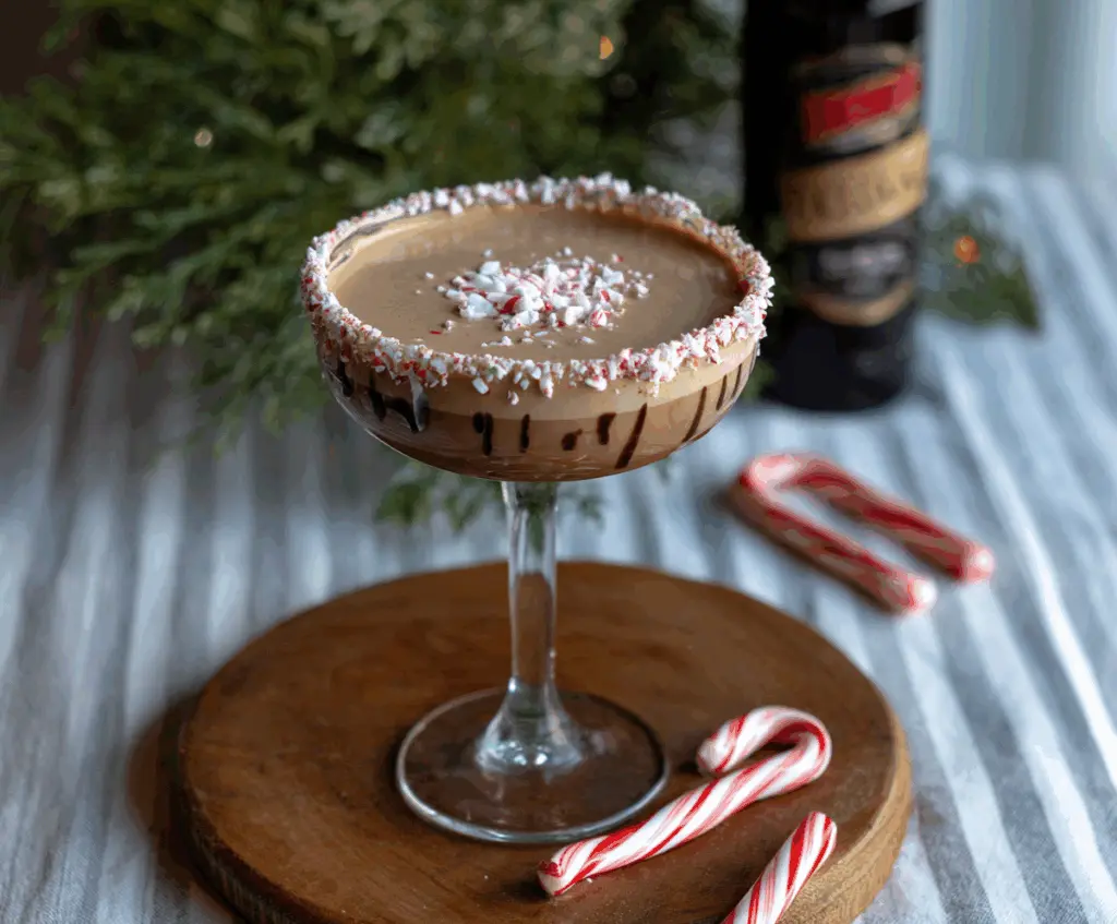 Delicious Peppermint Mocha Martini garnish with chocolate and peppermint for a festive holiday drink