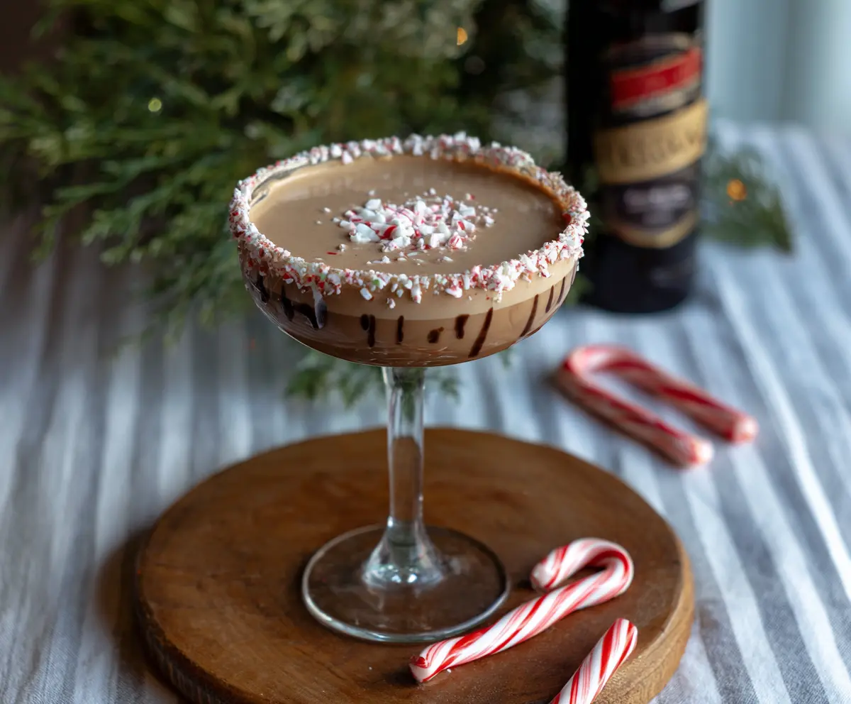 Delicious Peppermint Mocha Martini garnish with chocolate and peppermint for a festive holiday drink
