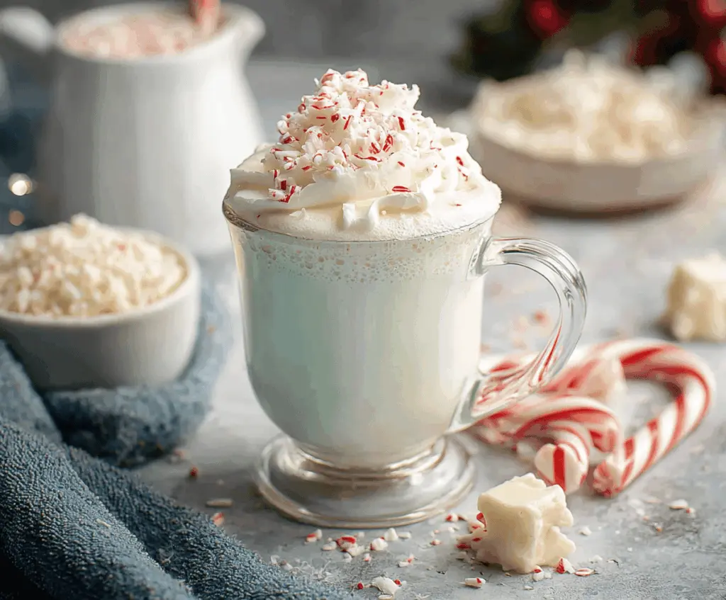 A cozy cup of peppermint white hot chocolate topped with whipped cream and crushed peppermint candies.
