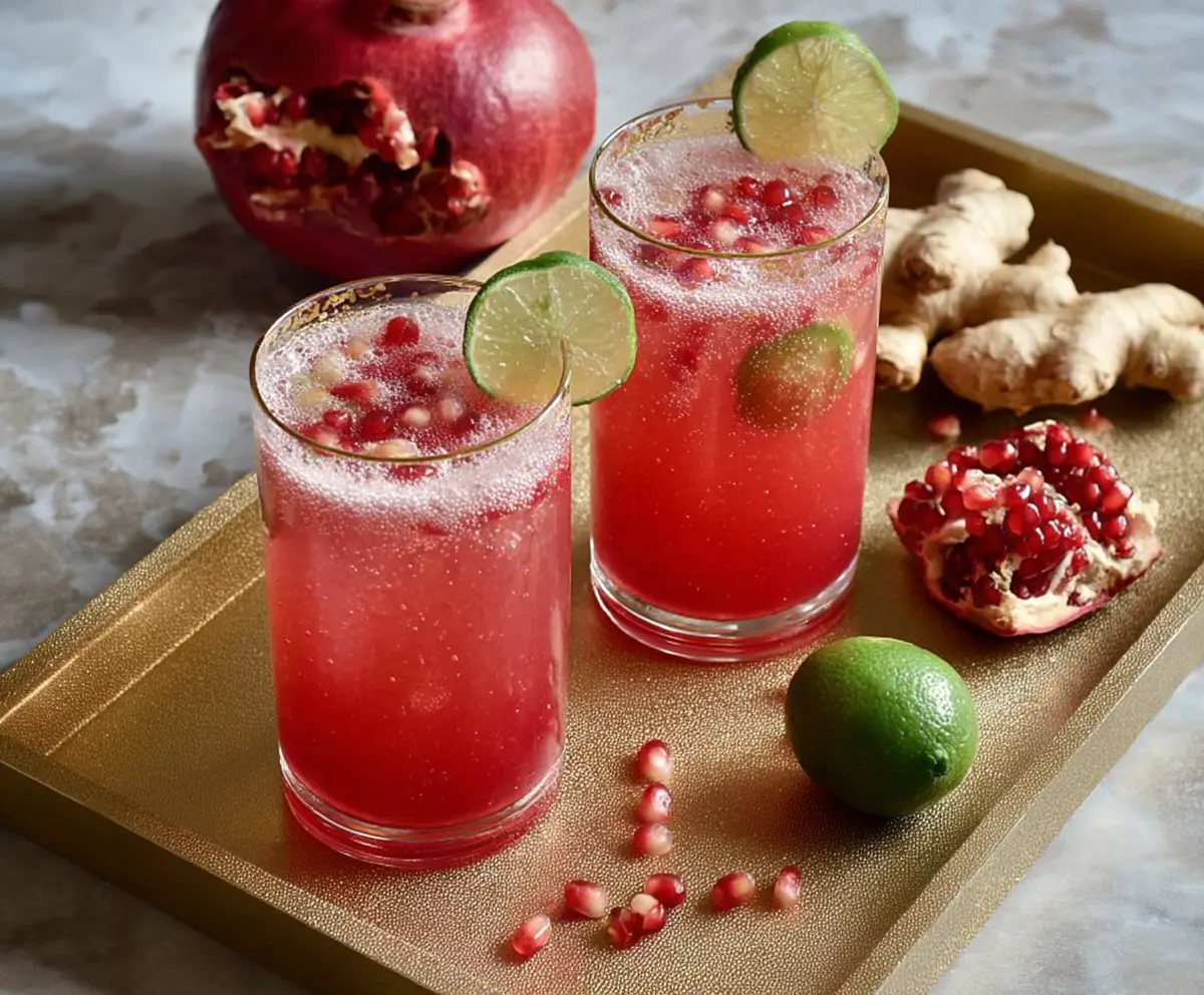 Refreshing Pomegranate Ginger Fizz cocktail in a glass with ice and fresh pomegranate seeds.