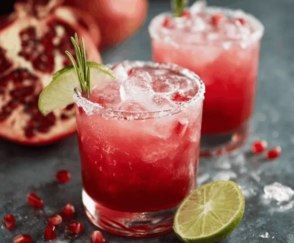 Refreshing Pomegranate Paloma cocktail garnished with lime and pomegranate seeds in a glass.