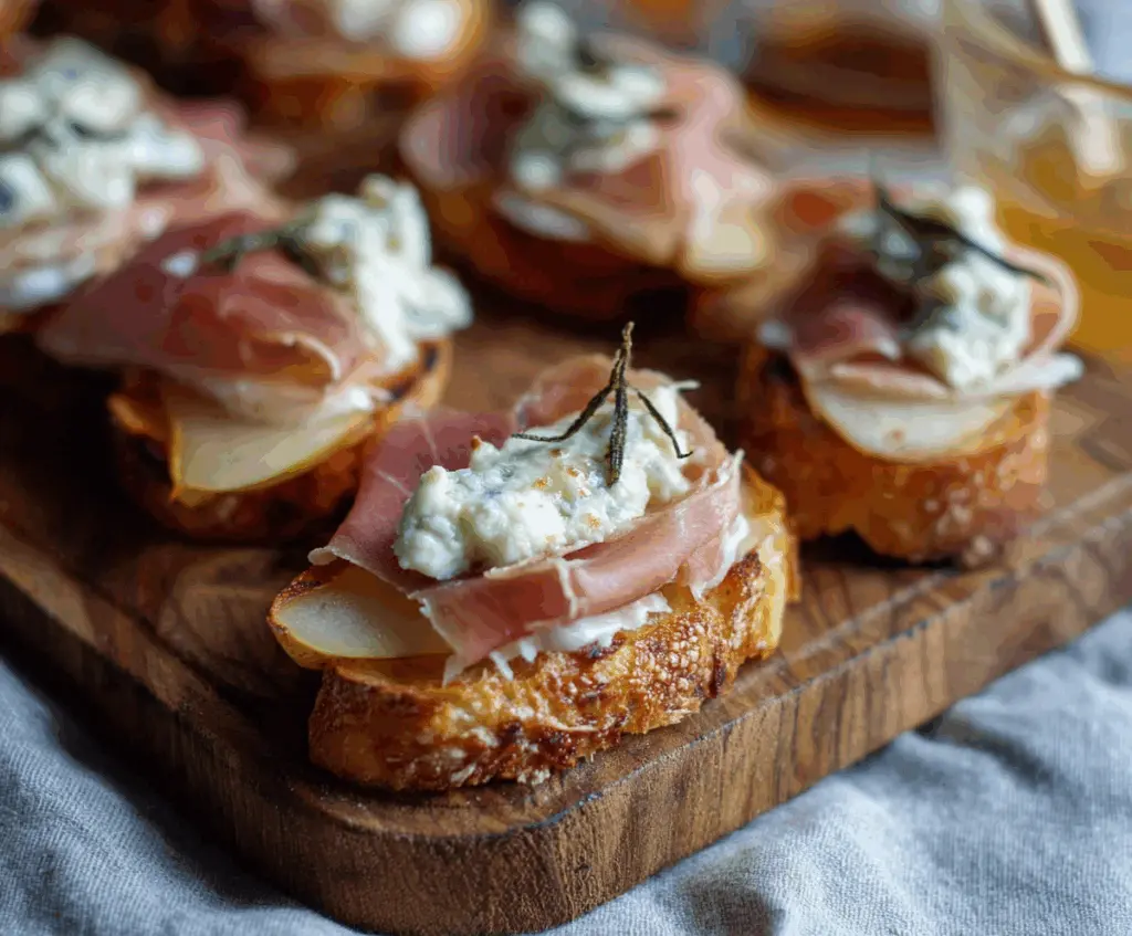 Delicious Prosciutto Pear Gorgonzola Crostini with fresh ingredients and elegant presentation