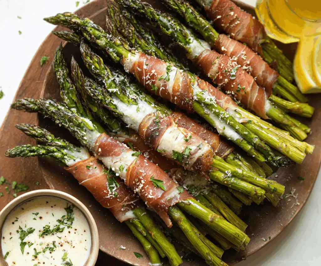 Delicious prosciutto wrapped asparagus spears served as an elegant appetizer