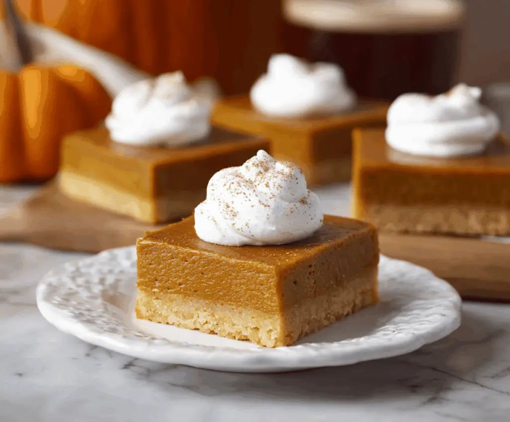 Delicious pumpkin pie bars with a golden crust and creamy pumpkin filling, perfect for fall desserts.