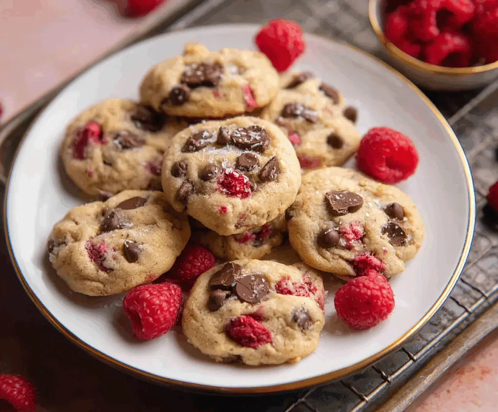 Delicious Raspberry Almond Chocolate Chip Cookies with fresh berries and chopped almonds.