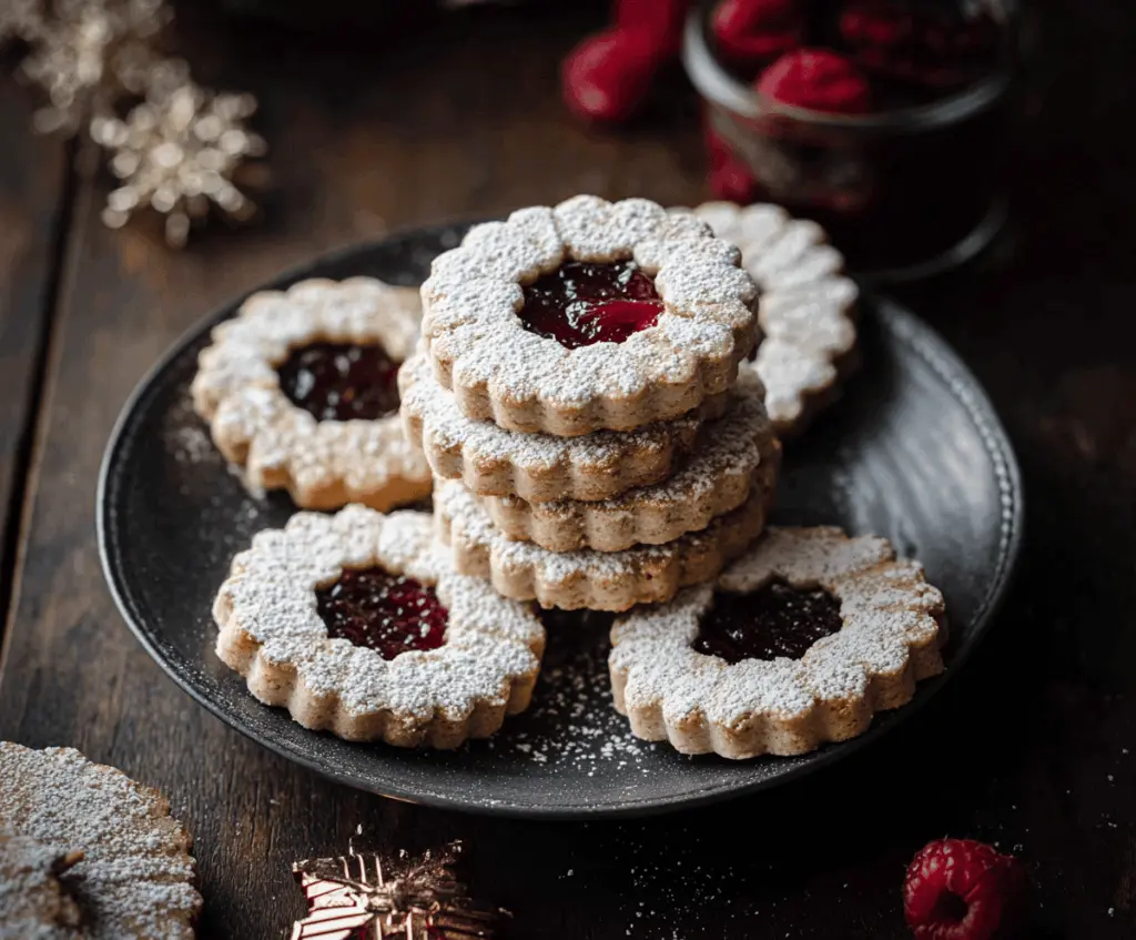 Delicious Raspberry Almond Linzer Cookies with raspberry jam filling and almond-flavored cookie dough.