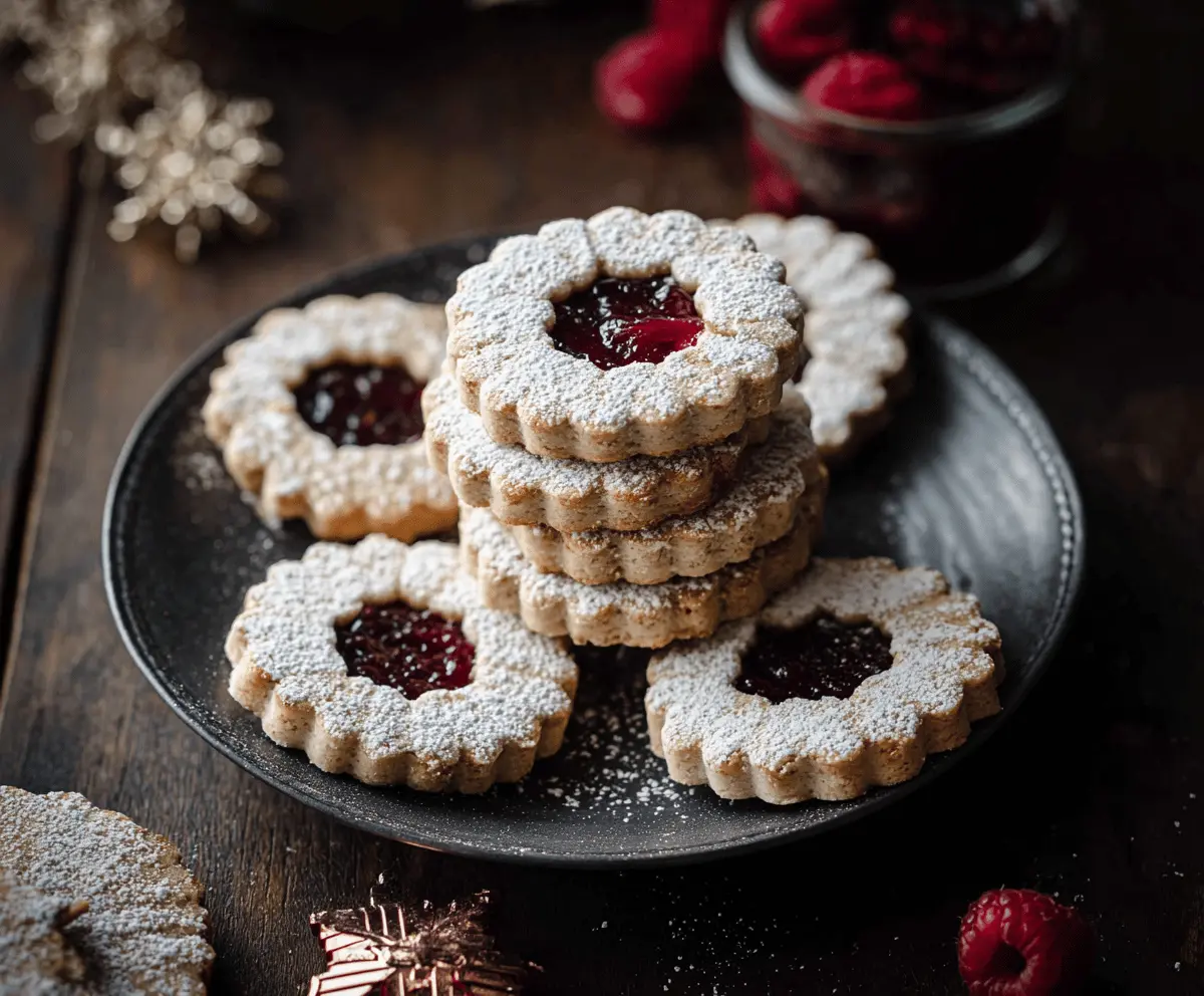 Delicious Raspberry Almond Linzer Cookies with raspberry jam filling and almond-flavored cookie dough.