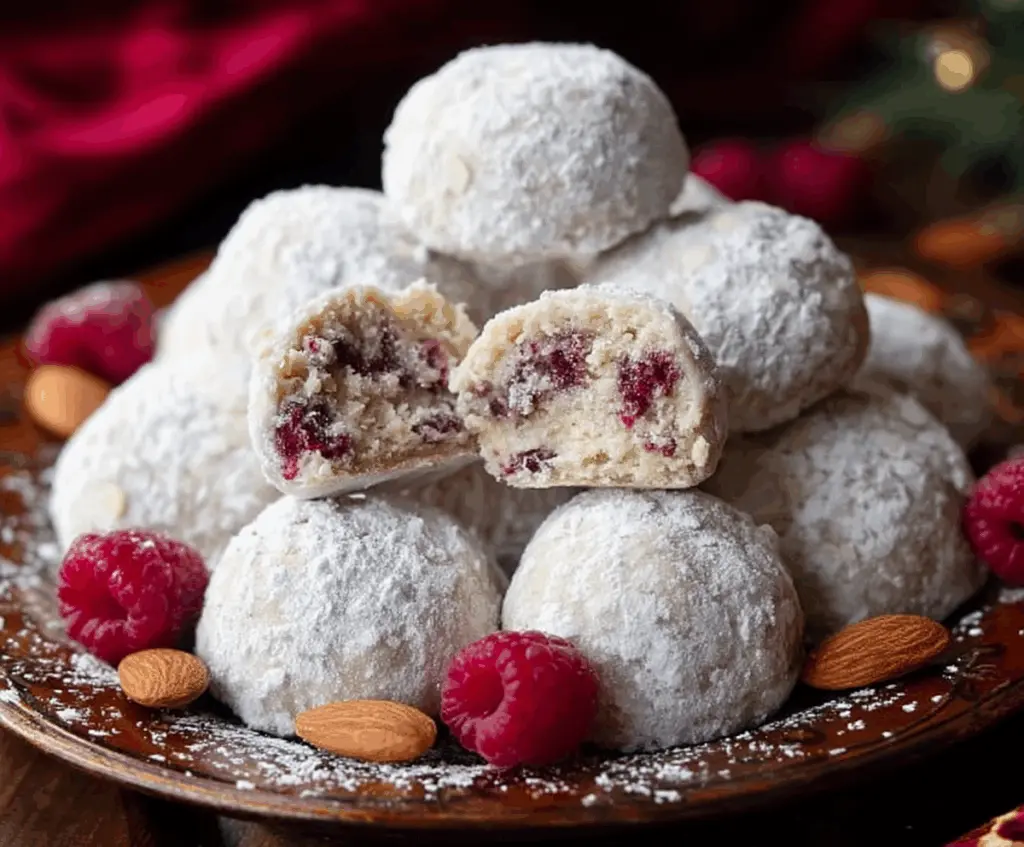 Delicious Raspberry Almond Snowball Cookies coated in powdered sugar, perfect for holidays and gatherings.