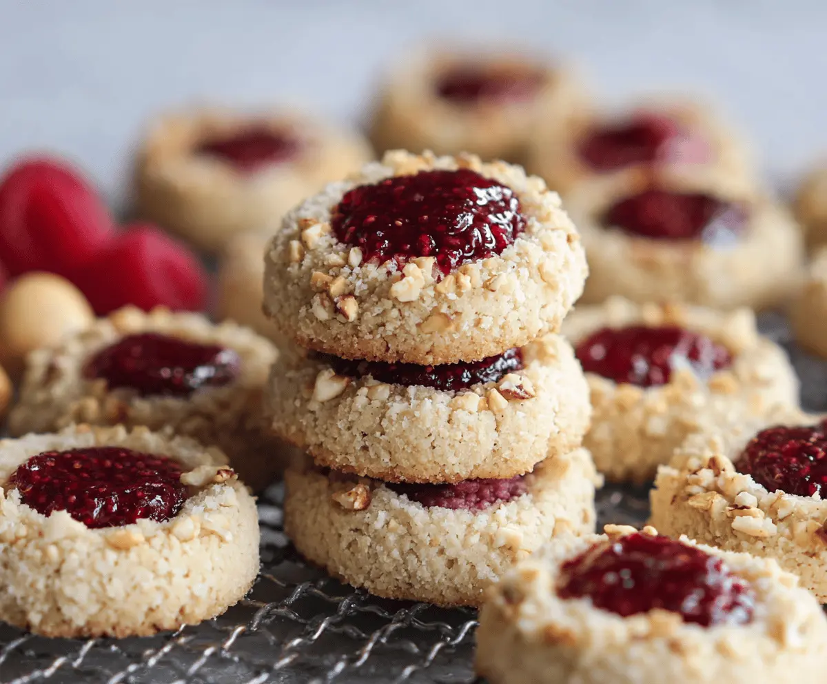Delicious raspberry and hazelnut thumbprint cookies arranged on a white plate, showcasing a golden-brown crust and berry filling.