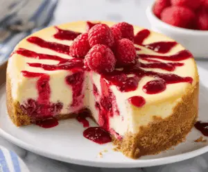 Delicious raspberry cheesecake with a creamy texture and fresh berry topping