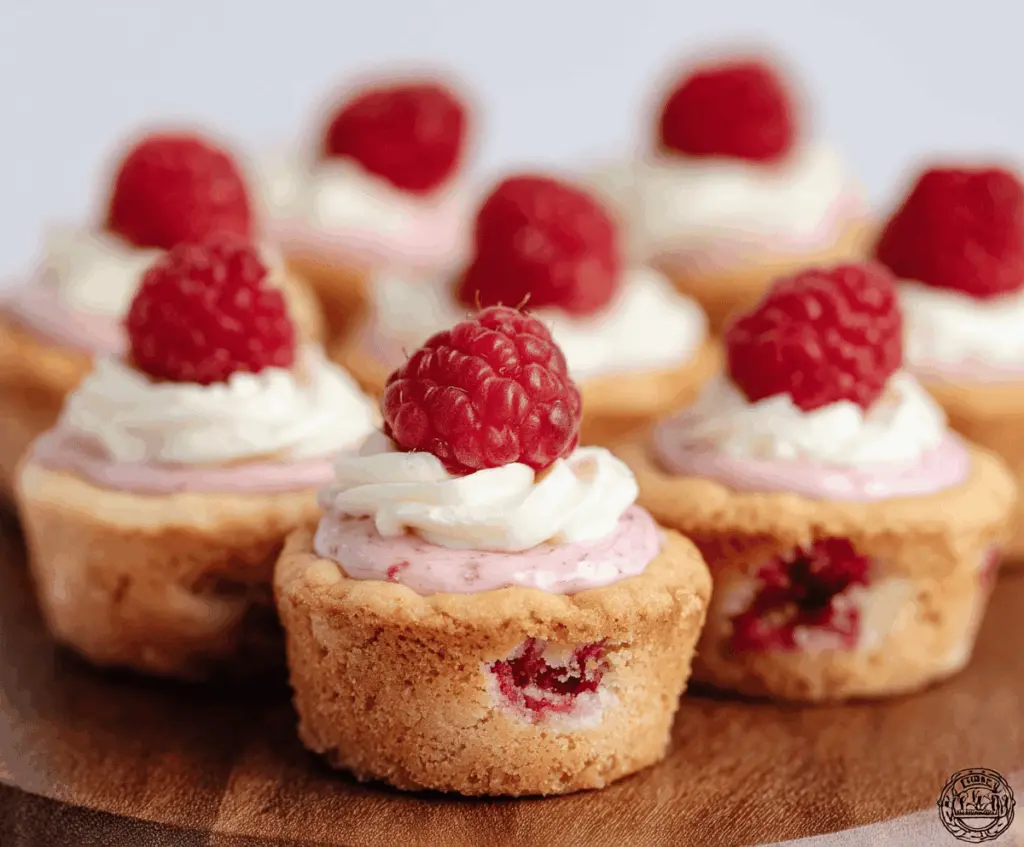 Delicious Raspberry Cheesecake Cookie Cups with fresh raspberries and creamy cheesecake filling