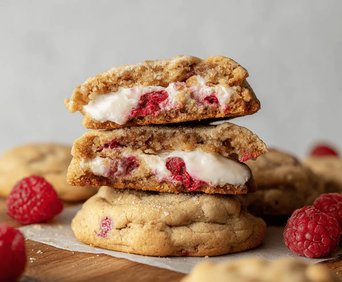Delicious raspberry cheesecake stuffed cookies with creamy filling and fresh raspberries on top.