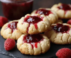 Delicious raspberry cheesecake thumbprint cookies with vibrant red raspberry filling and creamy cheesecake inside.