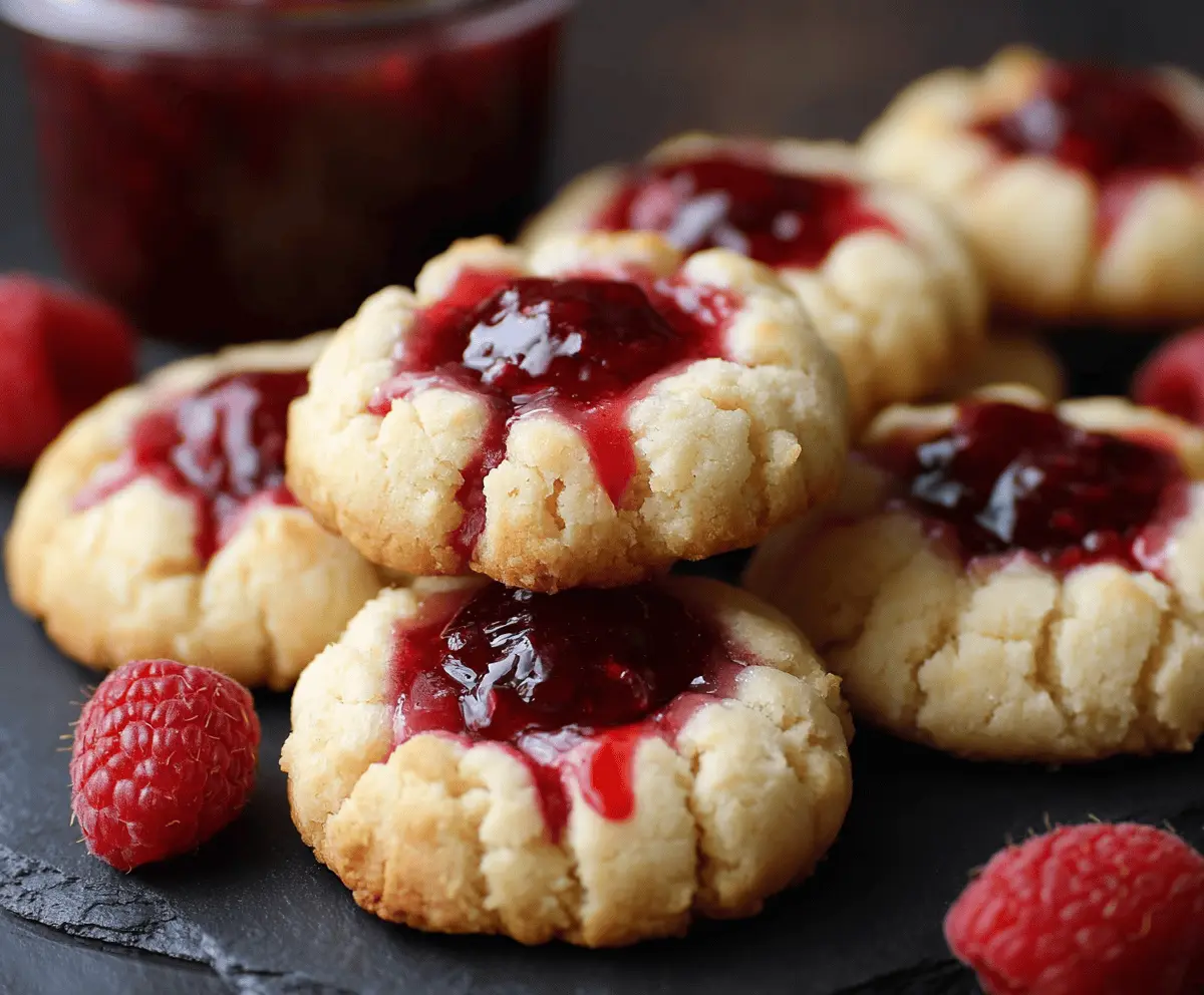 Delicious raspberry cheesecake thumbprint cookies with vibrant red raspberry filling and creamy cheesecake inside.