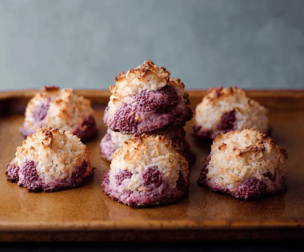 Delicious Raspberry Coconut Macaroons Cookies on a plate, showcasing golden-brown exterior with vibrant raspberry and coconut filling.