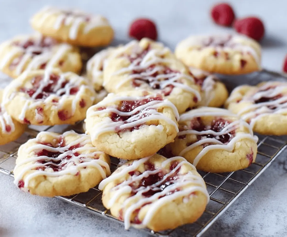 Delicious Raspberry Drizzle Shortbread Cookies with vibrant red raspberry glaze on buttery shortbread.